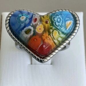 Murano Millefiori Style Glass Heart Ring 🩷💙♥️💛